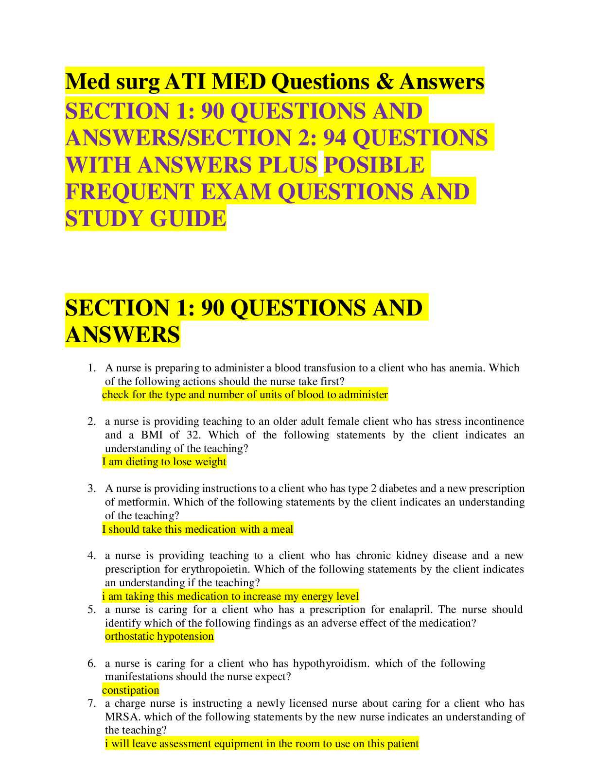 Preview image for Med surg ATI MED Questions & Answers SECTION 1: 90 QUESTIONS AND ANSWERS/SECTION 2: 94 QUESTIONS WITH ANSWERS PLUS POSIBLE FREQUENT EXAM QUESTIONS AND STUDY GUIDE
